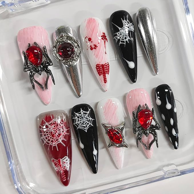 Halloween Handmade Press on Nails Long Almond 3D Nails Thick Acrylic Fake Nails Gothic False Nails with Spider Charms Rhinestones Designs Black&White Sturdy Nail Art Press on Nails 10Pcs(M)