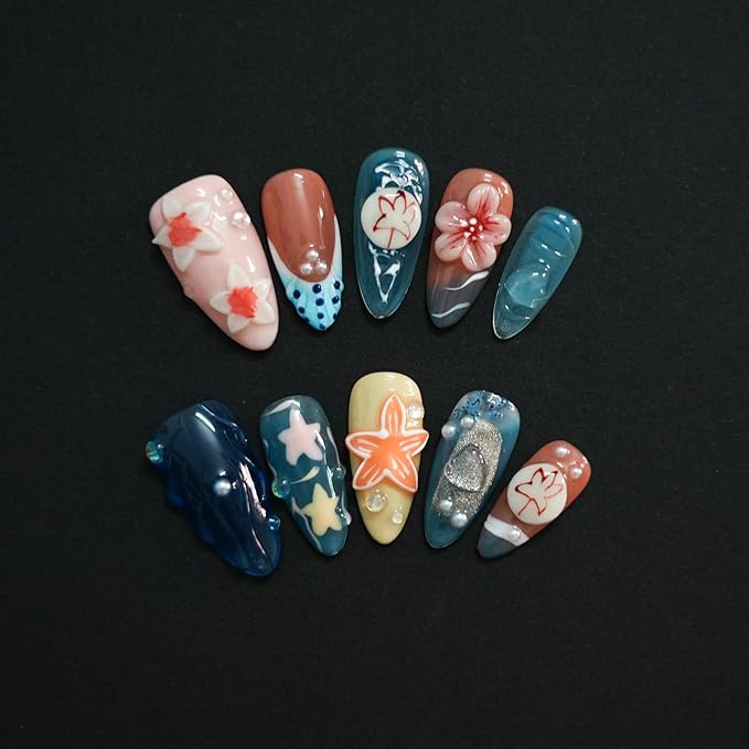 Summer Beach Press on Nails Medium Almond - Blue Ocean French Tip False Nails with 3D Flower Colorful Sea Starfish Designs Full Cover Handmade Stick on Nails (Blue Floral Carving,M)