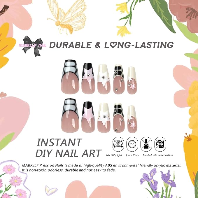 Press on Nails Long Coffin MABKJLF French Tip Fake Nails Nude Full Cover Y2K Press on Nails White Pink Star False Nails with Designs Rhinestone Glossy Manicure Glue on Nails for Women Girls 24Pcs