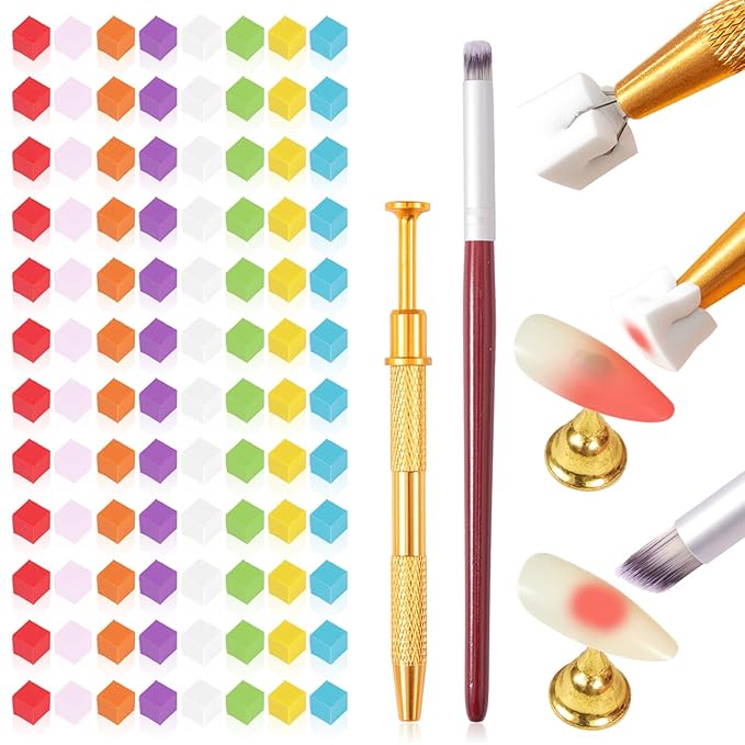 300-Piece Colorful Cube Nail Sponges for Ombre, 1 Gold Metal Clip Pens for Grabbing Nail Art Sponge, 1 Ombre Nail Brush for Nail Art