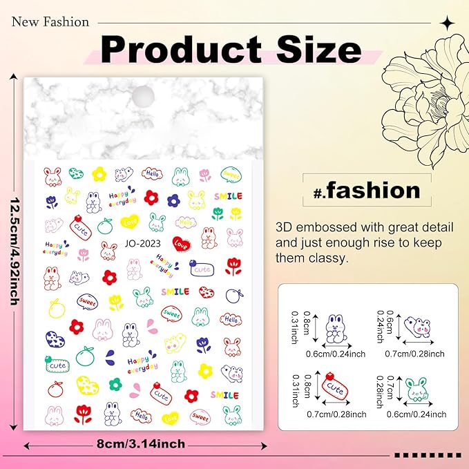 12 Sheet Cartoon Nail Sticker for Nails Art 3D Embossed Self-Adhesive Cute Bear Flower Bunny Duck Fruit Nail Decal Design Supplies for Women DIY Manicure Art Decoration YX1244