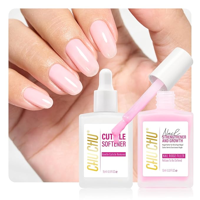 CHUCHU Nail Strengthener and Cuticle Remover Kit: 2pcs 15ml Protein Milky Pink Quick Dry Nail Repair Polish and Cuticle Softener for Peeling Gel-Damaged Nails