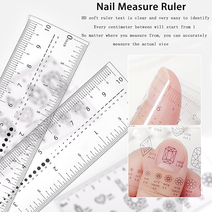 4-Piece Nail Measurement Ruler with Rhinestones - Measuring Tool for Acrylic Nails and DIY Manicure