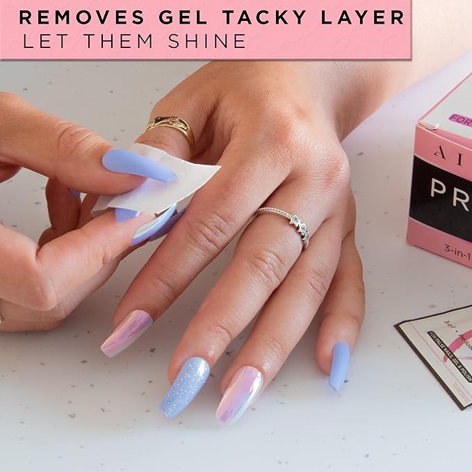 50 AIRRE NAILS Prep & Wipe Alcohol Nail Wipes 3in1 Lint-Free Prep & Shine Cleanser Pads for Gel Polish Sticky Residue & Tacky Layer Remover After UV/LED Curing – For Gel, Acrylic & False Nails & Tips
