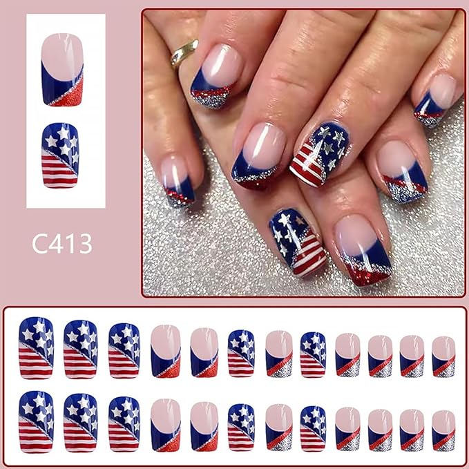 24Pcs 4th of July Press on Nails Short Square French Tip Fake Nails Independence False Nails with American Flag Star Glitter Design Acrylic Day Glue on Nails DIY for Women Decoration