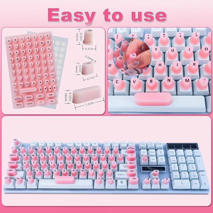 70 Pcs RaisedTip Keyboard Stickers for Long Nails with Letters: Adhesive Typing Bubbles for Women,Office & Gaming Girls Accessories Gift (Pink, 70)
