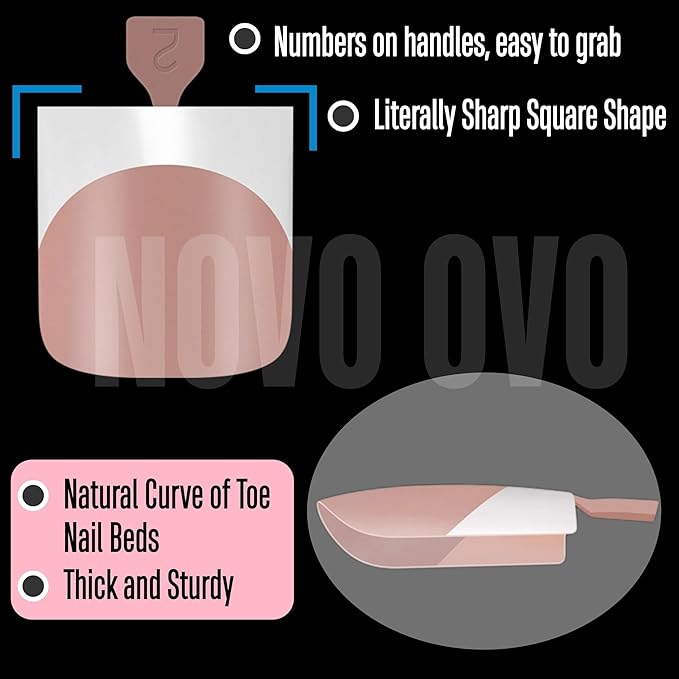 NOVO OVO French Tip Toe Nail Tips Press on, Sharp Square Pre-Designed Soft Gel False Toenail Extension, BROWN PINK Pre-applied Tip Primer & Base Coat, Full Cover Acrylic for DIY x 15 Sizes 240 pcs