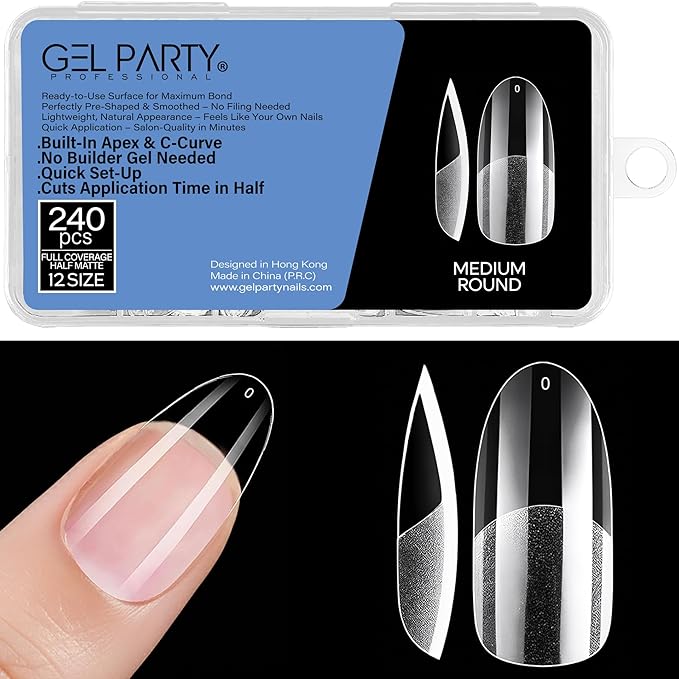 GELPARTY Soft Gel Nail Tips Medium Round - 240Pcs Pre-Buffed Matte Full Cover Tips - Natural Look, No Filing Needed, Soak Off Gel Extension System - Clear False Nails (12 Sizes)