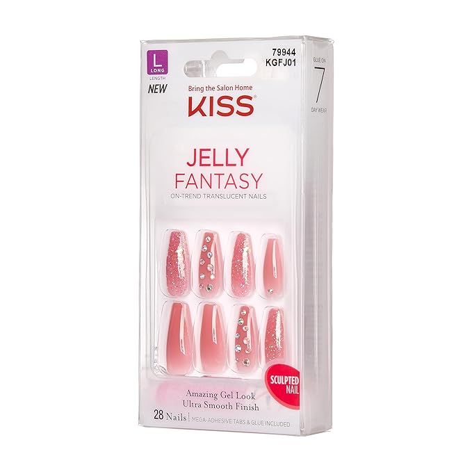 KISS Gel Fantasy Press On Nails, Nail glue included, 'Be Jelly', Pink, Long Size, Coffin Shape, Includes 28 Nails, 2g Glue, 1 Manicure Stick, 1 Mini File, 1 Adhesive Tab