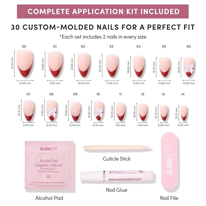 Valentines Day Glamnetic Press On Nails - Ruby Ribbons | Short Almond Fake Nails with Red French Tips & 3D Bows in a Glossy Finish, Salon Quality | 15 Sizes - 30 Nail Kit with Glue