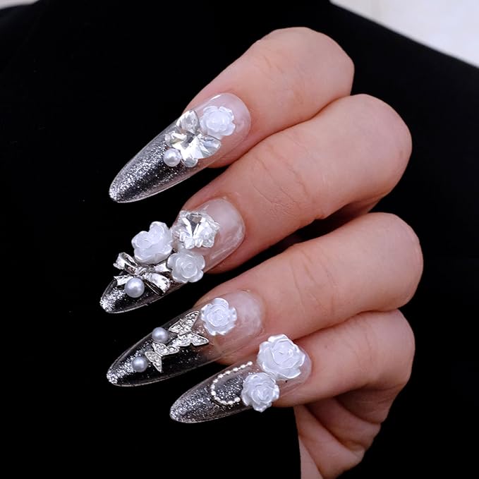 Luxury Long Almond Press-On Nails, 3D White Roses with Silver Glitter, Pearl and Rhinestone Decorations, Handmade False Nail 10 Pieces (Small, LS)
