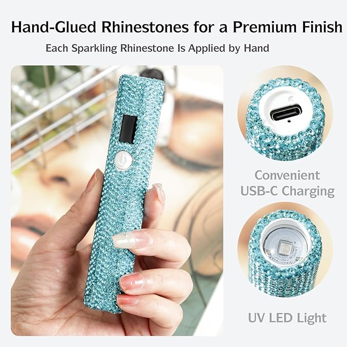 Handheld UV Nail Lamp with Sparkly Rhinestones, 3W Portable LED Nail Lamp, Wireless Rechargeable USB Nail Dryer with Silicone Stamper, LCD Display, Ideal for Home DIY Manicures (Green)
