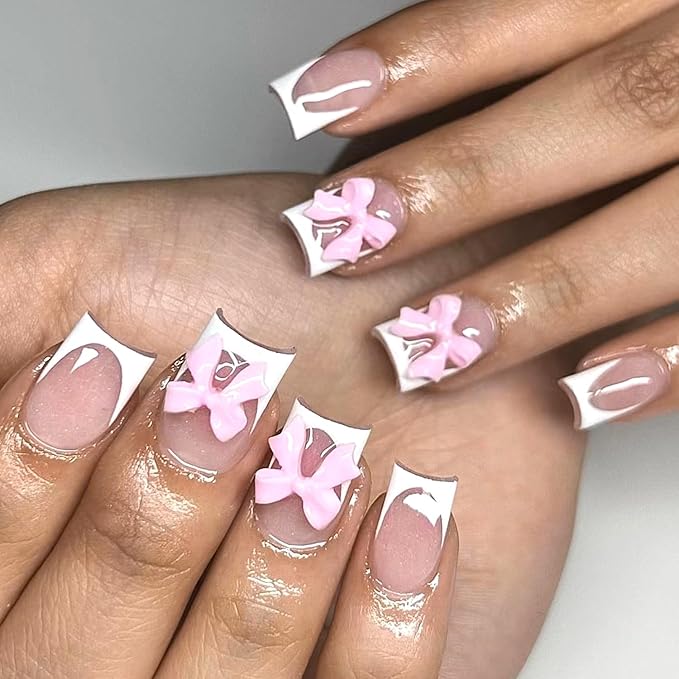 6 Packs (144 Pcs) | Reusable Press on Nails | Stick on Nails 12 Sizes-6 Styles | Cute Bow Nails