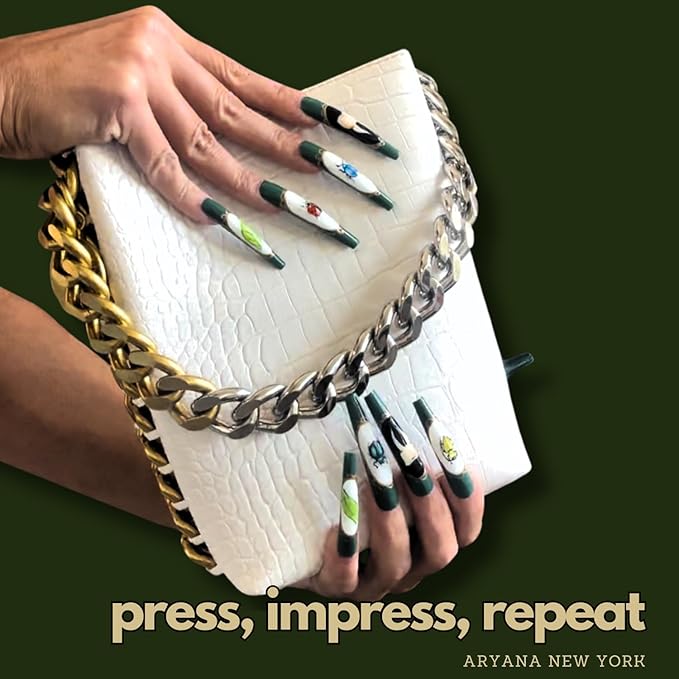 ARYANA NEW YORK Reusable Handmade Press-On Nails – Long Coffin Shape False Nails for Women, Luxury Glossy 3D Design | Oddities Beetles Collection - (Medium)