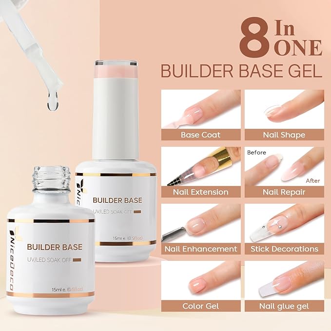 Nicedeco Hema Free Builder Base Gel Nail Polish 2 Pcs 15ml Cruelty Free Vegan Nude Pink Clear Builder Nail Gel Soak Off LED U V Gel Nail Kit Manicure