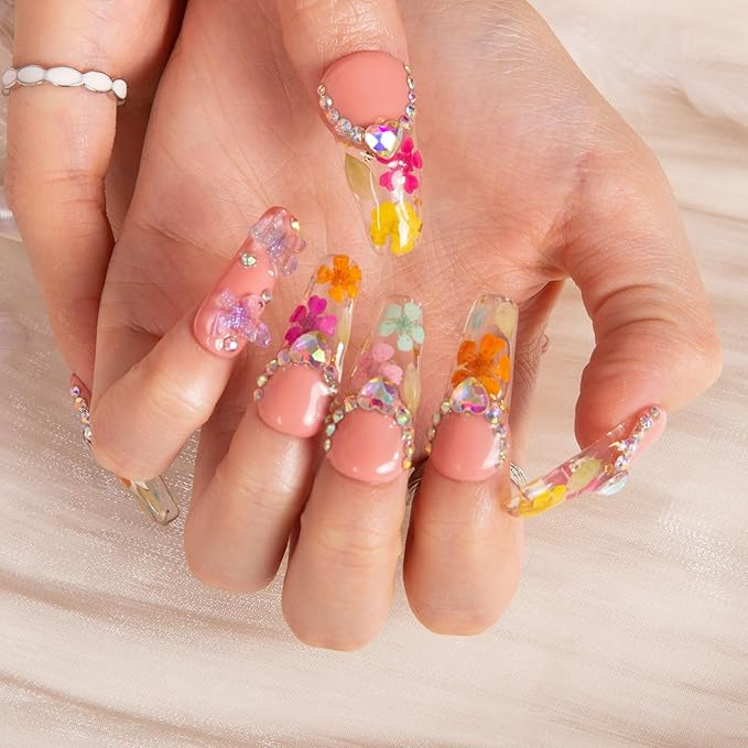 LOVFUL Press on Nails Flora | Handmade with Full Covered Crystals | Reusable Full Cover Nails | Coffin Classic Regular 1.3 in | H176-L