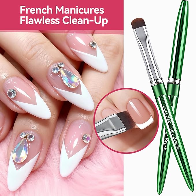 Nail Art Brushes Set 2-Piece: French Tip Brush and 12mm Liner Brush for Gel Clean Up, Smile Lines & Nail Design (Green)
