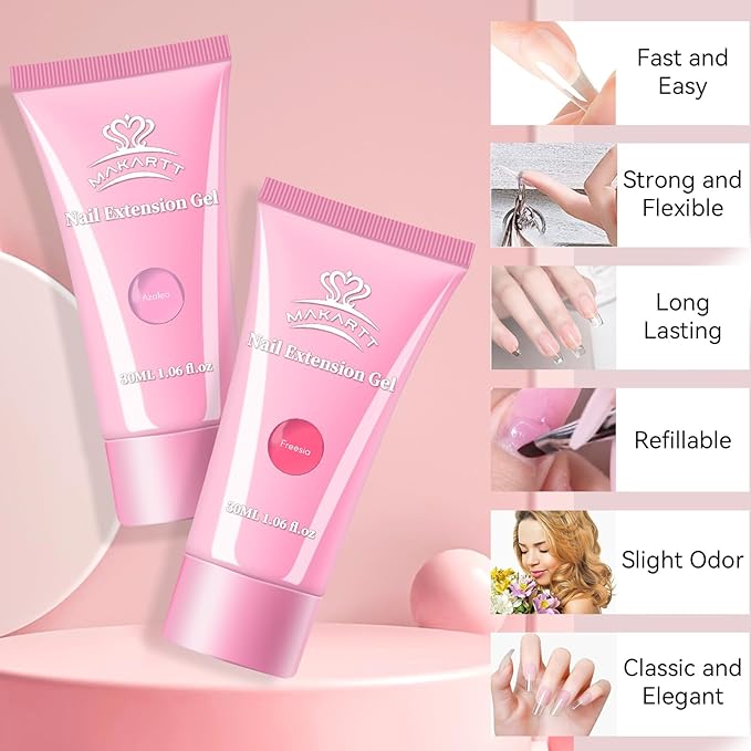 Makartt Hema-Free Poly Nail Gel Set: Sheer & Neon Pink Colors, Strong Builder for Extension Overlay Strengthener 3D Diy, Long-lasting for Nails French Manicures Home Salon-2PCs 30ML