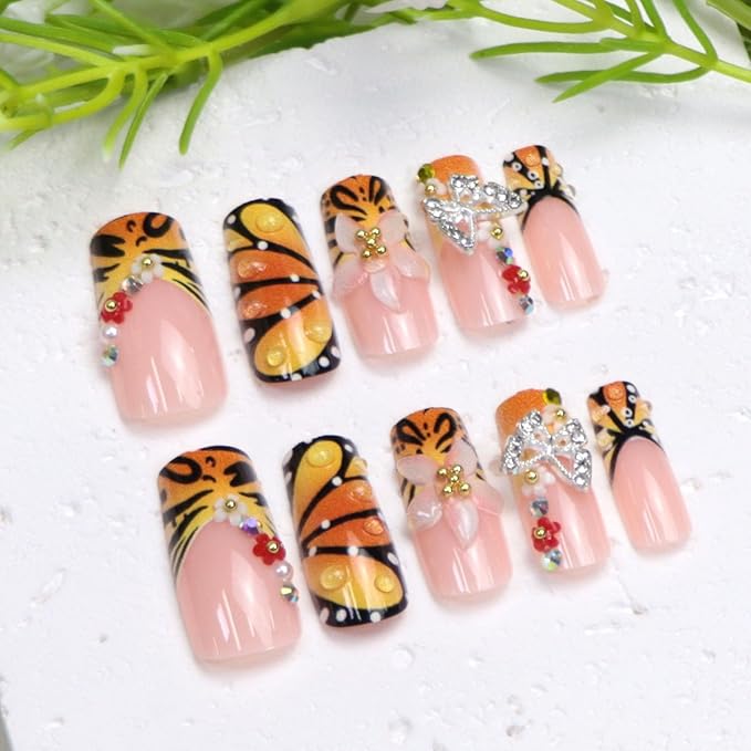 Butterfly Press on Nails Medium Long Square Fake Nails with Butterfly Charm Flower Designs French Tip Glue on Nails Press ons Acrylic Glossy Full Cover Stick on Nail for Women 24 Pcs