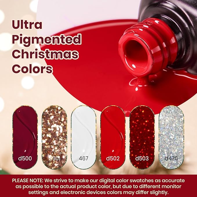 beetles Gel Polish Set – Snowlit Scarlet New Year Gel Polish Set, 6 Color Burgundy Red Glitter White Silver Snow Holiday Sparkle Manicure Kit Soak off UV Nail Art Gifts for Women