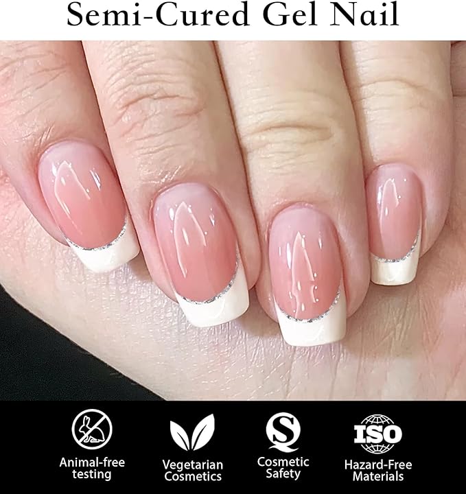Semi Cured Gel Nail Strips - UV Light Gel Nail Stickers - 20 Long Lasting Salon Quality Wraps (French Light White)