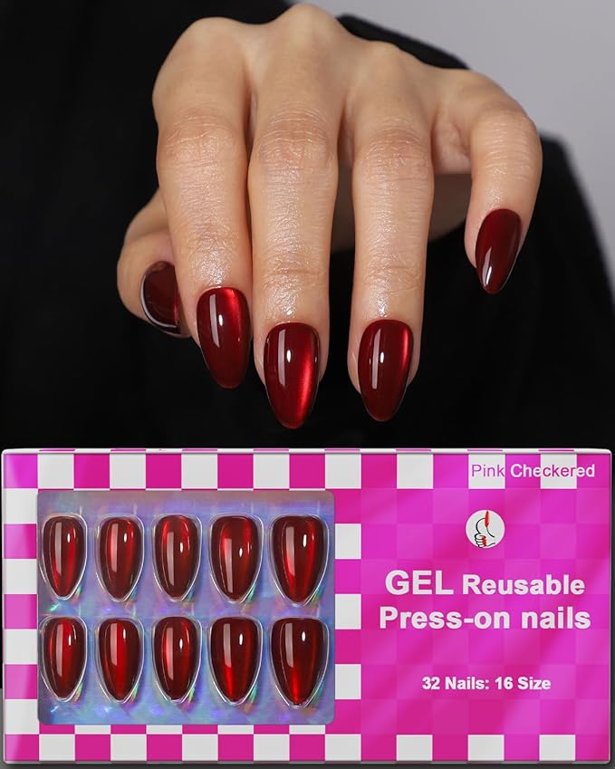 Burgundy Red Cat Eye Press on Almond Nails Short 16 Sizes Glass Glossy Gel Fake Manicure with Glue & Stick