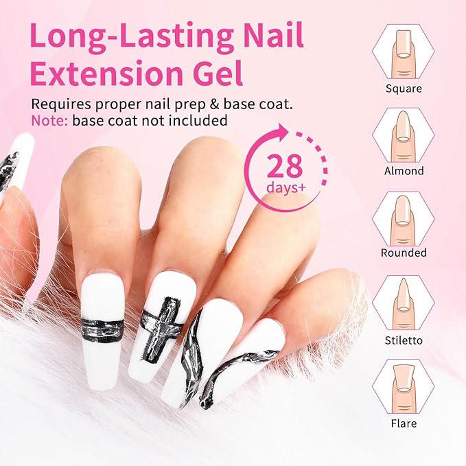 BQAN Poly Nail Gel, 2 Pcs White Poly Extension Gel (30ml) with Slip Solution & Brush, for Long-Lasting Nail Extensions | Builder | Salon-Quality DIY & Home Use (White)