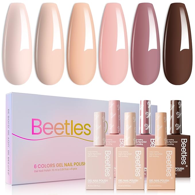 Beetles Neutral Gel Nail Polish Set - 0.51OZ Spring Gel Polish 6 Colors Nude Light Skin Dark Brown Warm Shades Nail Kit Full Size Long Lasting DIY Art Salon Home UV LED Needed Gift for Women