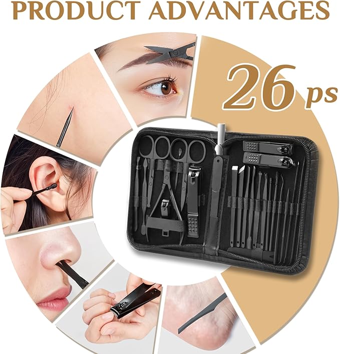 Manicure Set Professional Nail Clipper Kit-26 Pieces Stainless Steel Manicure Kit,Nail Care Tools with Luxurious Travel Case Nail Grooming Kit Present for Men Husband Boyfriend Parent (Black)