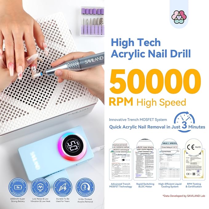 SAVILAND Electric Nail Drill Professional: 50000 RPM Efile Nail Drill for Acrylic Nails Rechargeable Portable Nail Filer Electric Cordless File with Ceramic Drill Bits for Manicure Salon
