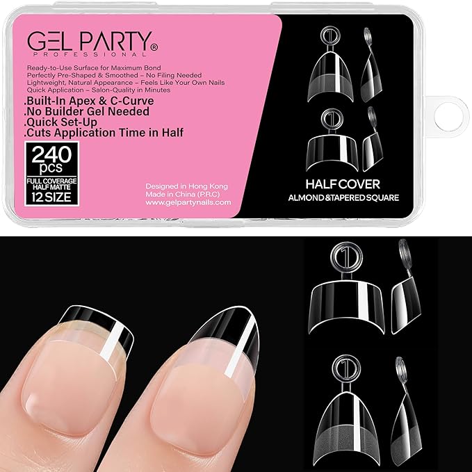 GELPARTY Soft Gel Half Cover Nail Tips - 240pcs Pre-Buffed Matte French Tips - No Filing Needed - Clear False Nails for Acrylic & Gel Extensions (12 Sizes)