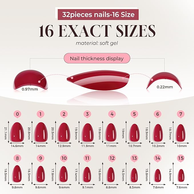 UNA GELLA Red Press On Nails Almond: Valentine's Day Soft Gel Press Ons with Nail Glue, 16 Sizes - 32 Reusable Short Fake Nails Kit, Mani Gift