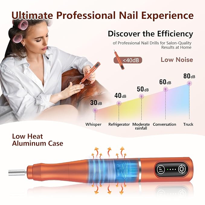 Cordless Nail Drill Electric Rechargeable File Kit, Professional Efile Acrylic Gel Nail Polish Remover Pedicure Manicure Machine Portable Set with 11 Bits 56 Sanding Bands (Orange)
