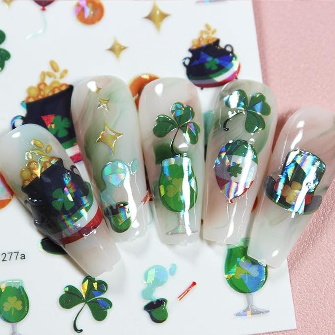 6 Sheets St. Patrick's Day Nail Art Stickers for Nail 3D Self Adhesive Laser Shamrock Nails Stickers Rainbow Golden Jar Gnome Design Irish Nail Decals Nails Art Supply for St. Patricks Day Manicure