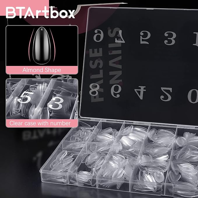 BTArtbox 500pcs Almond Nail Tips - Full Cover with Case for Nail Salons and DIY Nail Art, 10 Sizes
