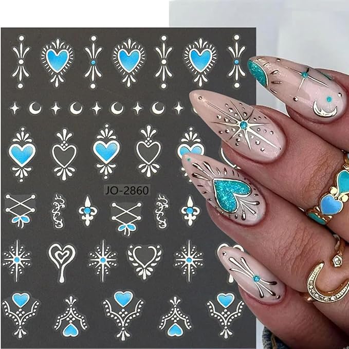 6 Sheets Sun Star Nail Stickers for Nail Art 3D Gold Silver Heart Nail Art Stickers with Sun Star Moon Self-Adhesive Design Nail Art Supplies Chrome Nail Decals for Women Acrylic Manicure Decorations