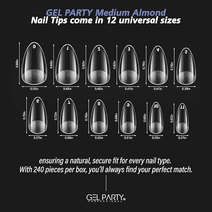 GELPARTY Soft Gel Nail Tips Medium Almond - 240Pcs Pre-Buffed Matte Full Cover Tips - No Filing Needed, Soak Off Gel Extension System - Clear False Nails (12 Sizes)