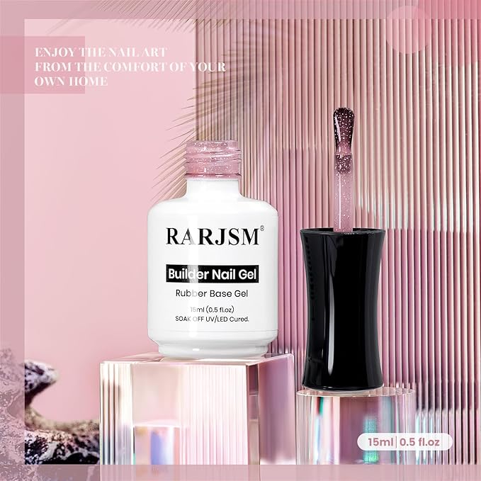 RARJSM Nude Gray Purplish Pink Rainbow Glitter Rubber Base Coat Gel Nail Polish Natural Skin Tone Iridescent Shimmer Brush on Extend Jelly Gelpolish Curing Requires 15ml Salon Home French Manicure