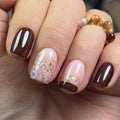Curvlife Press on Nails Acrylic Medium Fake Nails with Golden brown Design Full Cover False Nails for Women Reusable Nail Kit with Nail Glue Adhesive Tabs