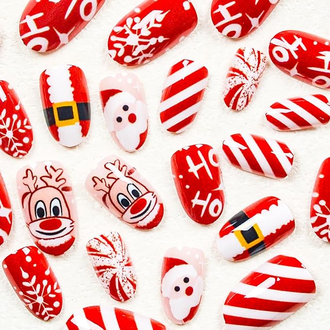 Christmas Press on Nails Medium Oval MABKJLF Fake Nails False Nails with Reindeer Snowflake Santa Stripes Designs Red Glossy Glue on Nail Winter Full Cover Acrylic Nails for Women Girls 24Pcs