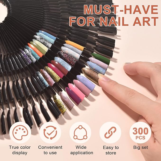 300 Tips Nail Swatch Sticks with Metal Split Ring Fan-shaped Display Nail Practice Sticks Nail Sample Swatches for Nail Art Polish Practice Nail Color Display (Black)