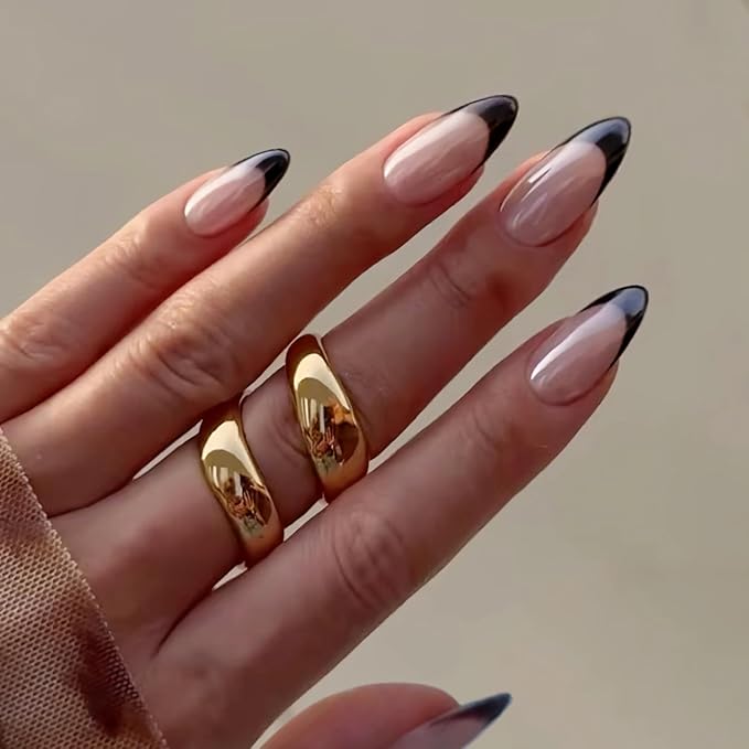 Pearlescent Press on Nails Medium, Glazed Black French Fake Nails Almond Chrome Acrylic Press Ons for Women, Natural Fit Full Cover Glue on Nails in 12 Sizes - 24 Pieces Nail Kit