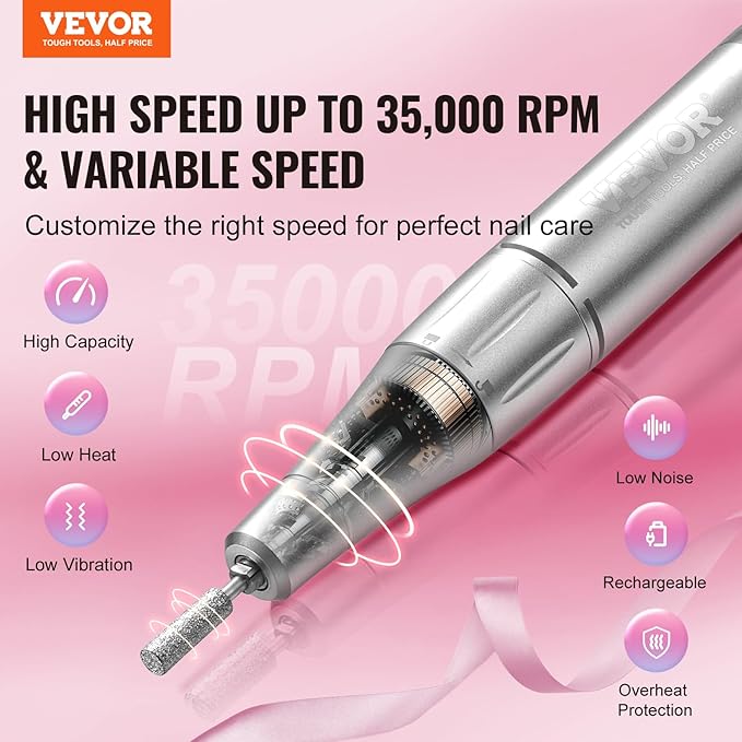 VEVOR Portable Electric Rechargeable Nail Drill, 35,000RPM Cordless Nail E File Machine, LCD-Display Acrylic Gel Grinder Tool for Manicure Pedicure Carve Polish with 6 Bits and 50PCS Sanding Bands