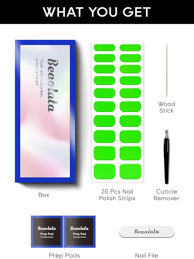 Semi Cured Gel Nail Strips - UV Light Gel Nail Stickers - 20 Long Lasting Salon Quality Wraps (Acid Drop Green)