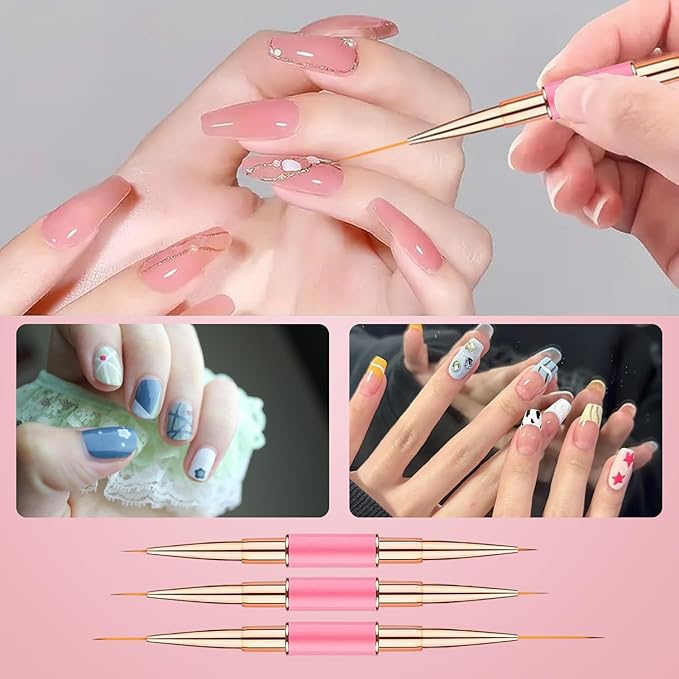 Nail Art Brushes Set - Professional 5pcs Double-Ended Acrylic Nail Art Brushes Liner Detail Thin Brushes For Drawing Design Brushes Gel Builder Brushes 3D Nail Art Tools (Pink)