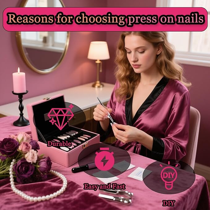 24pcs French Tip Medium Almond Press On Nails, Reusable Nail Kit with Nail Glue Adhesive Tabs Mini Nail File, 10 Sizes