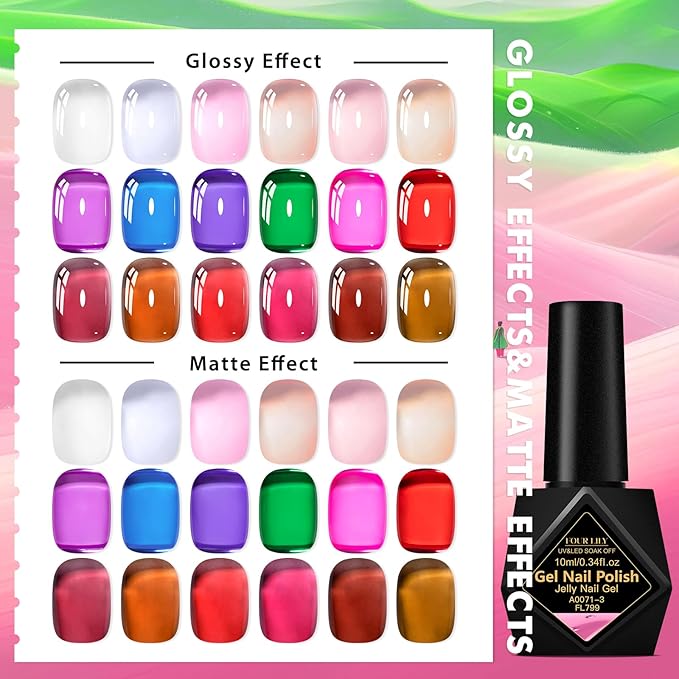 Jelly Gel Nail Polish Kit- 18 Trendy Bright Colors Sheer Pink Amber Soak Off UV/LED Lamp Curing, Chip Resistant & High Shine, DIY Home Manicure & Salon Use for Women & Teens