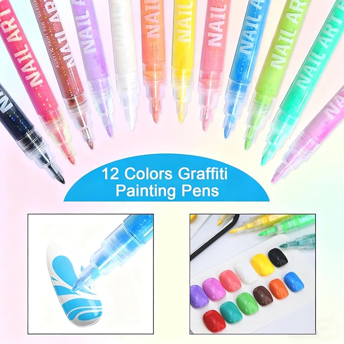 12 Colors Nail Art Pens, 3D Water Based Nail Art Marker Pens for Painting Point Graffiti Dotting Liner Pen - Home Salon Quick Dry Nail Tool Manicure