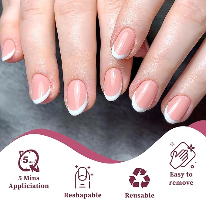120PC White French Tip Press on Nails Short Fake Nails Press ons with 5*Adhesive Tabs, Pink Almond Acrylic Nail Press on Nail French Tip Nails False Artificial Fingernails Stick on Nails-I