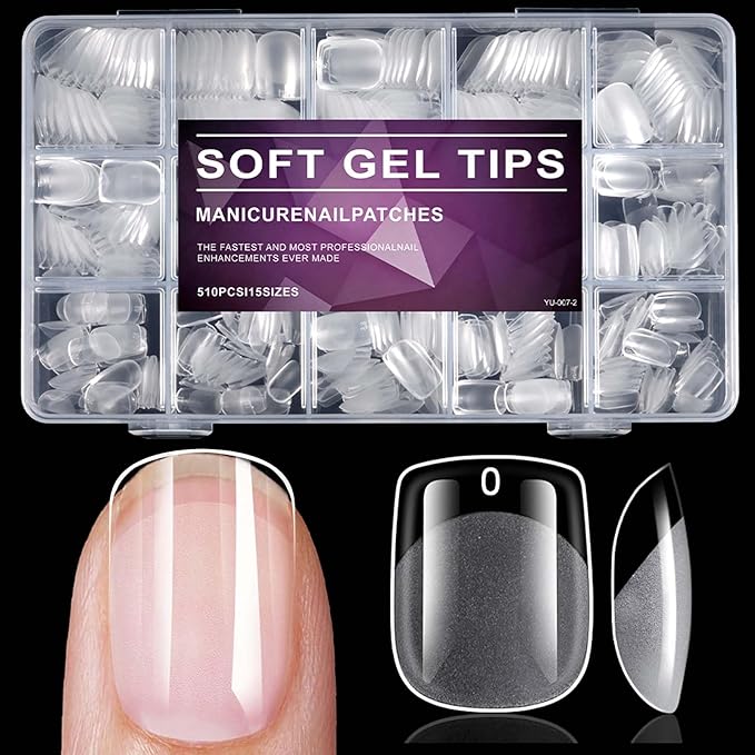 510pc Extra Short Square Nail Tips, Soft Gel Nail Tip Square Fake Nails Artificial Fingernail, 15 Sizes Full Cover Clear Press on Nail Short Acrylic Nails Tips for Nail Extension, Press Nails Making